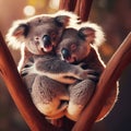 Two koalas that are hugging each other on a tree Royalty Free Stock Photo
