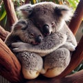 Two koalas that are hugging each other in a tree Royalty Free Stock Photo