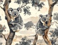 Two Koalas Perched in Eucalyptus Trees Against a Serene Mountainous Landscape Royalty Free Stock Photo