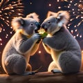 Two koalas sharing a eucalyptus leaf toast under the fireworks3 Royalty Free Stock Photo