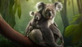 two koalas sitting on a tree in a forest