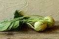 Two kohlrabies on wooden background with white rustic backgound