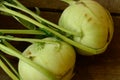 Two kohlrabies on wooden background