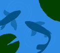 Two koi carp in pond, carps silhouette in flat color, Royalty Free Stock Photo