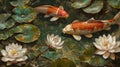 Two koi fish swimming in a pond with lotus flowers, AI Royalty Free Stock Photo