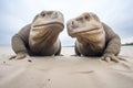 two komodo dragons facing each other on sandy terrain
