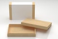 Two kraft cardboard paper Gift Box Mockup open and closed with white paper cover isolated