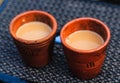 Two Kullad(Cup of Soil Clay) Tea. Soil cup Indian famous tea cup knows as kulhad. Milk tea on soil cup. Royalty Free Stock Photo