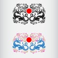 Two label of Japan hanami festival blossom of sakura with dragons and red circle of japan middle