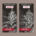 Two labels with Amaranthus cruentus aka amaranth and Chenopodium quinoa sketch on black. Cereal plants collection.