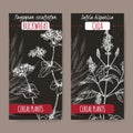 Two labels with buckwheat and chia sketch on black. Cereal plants collection.