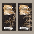 Two labels with Lemon balm aka Melissa officinalis and Schisandra chinensis sketch on black lace background.