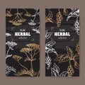 Two labels with Yarrow and Schisandra or magnolia vine sketch on black. Herbal collection series.