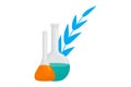 Two laboratory flasks with colorful liquids and a blue plant leaf. Chemical research in botany vector illustration