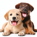 two labrador puppies being cute on white background