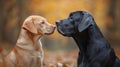 Two Labrador Retrievers meet in autumn forest Royalty Free Stock Photo