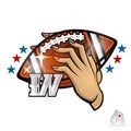 Two lady hands hold ball of american football with letter W. Sport logo isolated on white for any woman team