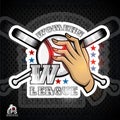 Two lady hands hold baseball ball with letter W and cross bat. Sport logo for any woman team