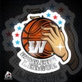 Two lady hands hold basketball ball with letter W. Sport logo for any woman team Royalty Free Stock Photo