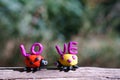 Two ladybugs made of plasticine on a colored background. Next to it is the inscription love Royalty Free Stock Photo