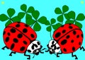 Two ladybugs, shamrocks and turquoise background