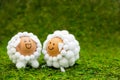 Two lamb shaped eggs on green moss with copyspace, concept spring or easter season Royalty Free Stock Photo