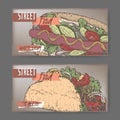 Two landscape banners with hot dog and taco color sketch. Royalty Free Stock Photo