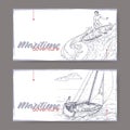 Two landscape banners with sailboat and surfer sketch. Maritime adveture series.