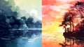 two landscape of a beautiful iseland watercolor painting Royalty Free Stock Photo