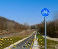 Two lane asphalt bicycle path along a birch forest strip in the spring Royalty Free Stock Photo