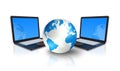 Two Laptop computers around a world globe Royalty Free Stock Photo