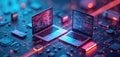 Two laptops display program code on circuit board background. Tech devices visualize software development, data transfer, Royalty Free Stock Photo