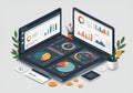 Two laptops display various charts and graphs, including pie charts and bar graphs, Royalty Free Stock Photo
