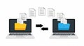 Of two laptops transferring files with documents flying between them and bidirectional arrows on a white background Royalty Free Stock Photo