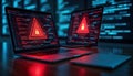 Two laptops show red warning alert. Network intrusion warning on computer screens. Cyberattack in progress. Security breach