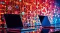 Two laptops sit before a vibrant digital network backdrop, showcasing modern technology and connectivity Royalty Free Stock Photo