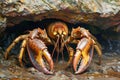Two Large Atlantic Robber Crabs Clambering on Wet Rocks in Coastal Environment with Vivid Detail