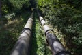 Two large black water pipes, converging in distance. Royalty Free Stock Photo