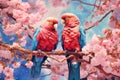 Two large blue pink parrots sit on a branch of sakura blossoms. Generative AI Royalty Free Stock Photo