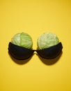 Two large cabbage in a black bra on a bright yellow background Royalty Free Stock Photo