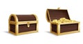 Two large chests. Open, closed chest, pile of gold coins inside vintage wooden trunk, medieval mystery pirate treasures