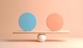 Two large circular disks, one blue and one peach, rest on a rectangular wooden plank balanced. Generative AI Royalty Free Stock Photo