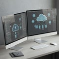 Two large computer monitors on a desk display cloud computing diagrams and Royalty Free Stock Photo