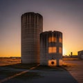 Two large cylindrical silos stand against a backdrop of a sunset Royalty Free Stock Photo