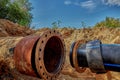 Two large diameter pipes lie for connection through flanges Royalty Free Stock Photo