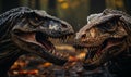 Two Large Dinosaurs Confront in Forest Royalty Free Stock Photo