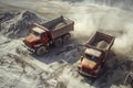 Two large dump trucks transporting materials through a mining site, Giant dump trucks unloading gravel and sand Royalty Free Stock Photo