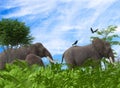 Two elephants and birds with trees and plants Royalty Free Stock Photo