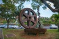 Two large gears and knee-jerk engine. Monument monument to the railway