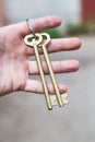 two large keys to the lock in hand door Royalty Free Stock Photo